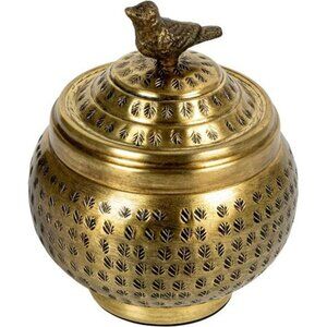 Hammered Metal Storage Container Brass Round Jar with Lid Bird Finial Decor